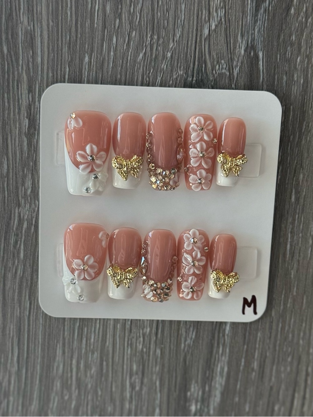 Elegant Peach Floral Press-On Nails with Gold Bow Accents